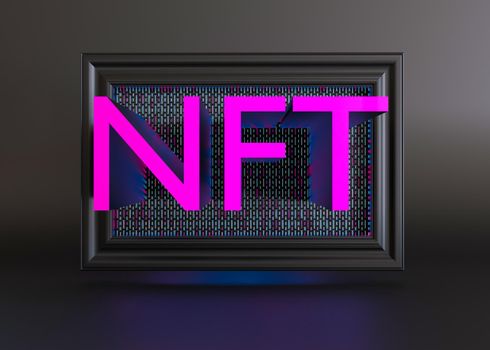 NFT, non fungible token. Creation of digital, crypto art, sale on NFT marketplace. Selling games characters, blockchain assets and digital artwork. Future, cryptocurrencies and e-commerce. 3d render