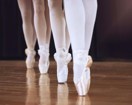 Ballet, fitness dancer and woman on theatre stage for dance workout, exercise and training creative art. Partnership, teamwork and zoom sport girl legs or ballerina women working together on concert