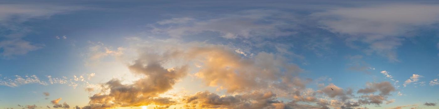 Dark blue sunset sky panorama with pink Cumulus clouds. Seamless hdr 360 pano in spherical equirectangular format. Full zenith for 3D visualization, game, sky replacement for aerial drone panoramas