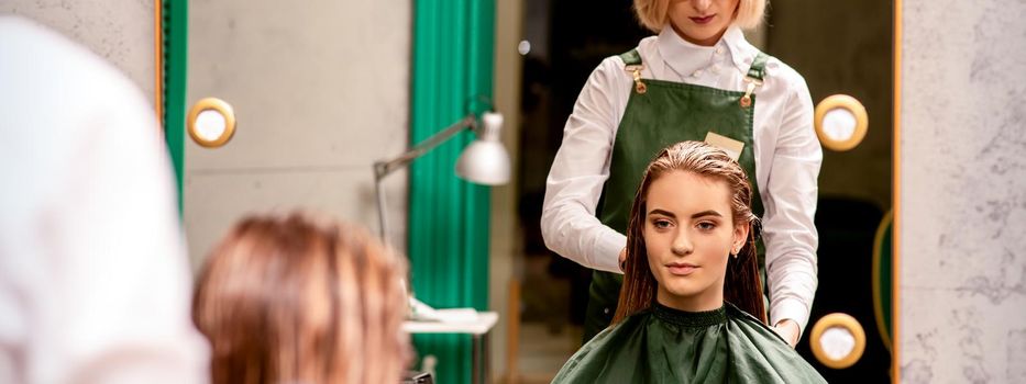 Professional hair care. Beautiful young caucasian brunette woman with long hair receiving hairstyling in a beauty salon