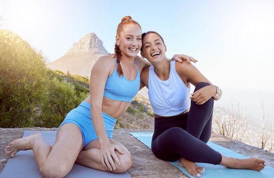 Relax, girl friends and yoga portrait on mountain for peace and tranquility exercise in nature. Friendship wellness, fitness and meditation training together for calm mindset with girlfriends