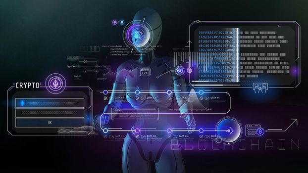 The android is exploring the holographic projection of blockchain and cryptography infographic data set. 3D render.