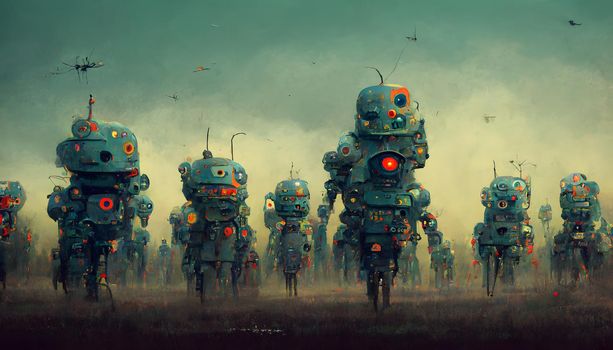 army of robots, neural network generated art. Digitally generated image. Not based on any actual scene or pattern.
