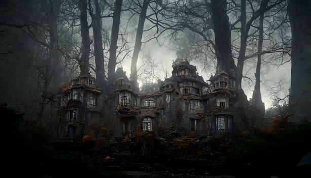 spooky haunted mansion in black leafless forest, neural network generated art. Digitally generated image. Not based on any actual scene or pattern.