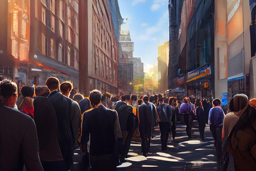 crowd of office suit wearing people walking to work at downtown street, neural network generated art. Digitally generated image. Not based on any actual scene or pattern.