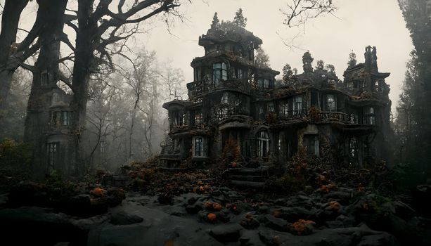 spooky haunted mansion in black leafless forest, neural network generated art. Digitally generated image. Not based on any actual scene or pattern.