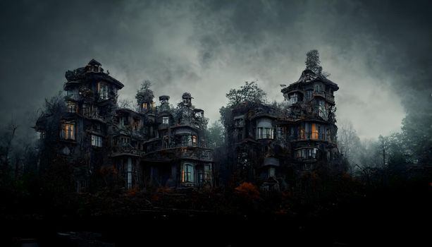 spooky haunted mansion in black leafless forest, neural network generated art. Digitally generated image. Not based on any actual scene or pattern.