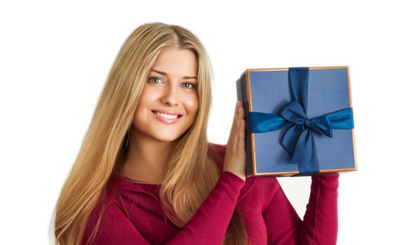 Holiday present, happy woman holding a gift or luxury beauty box subscription delivery isolated on white background, portrait