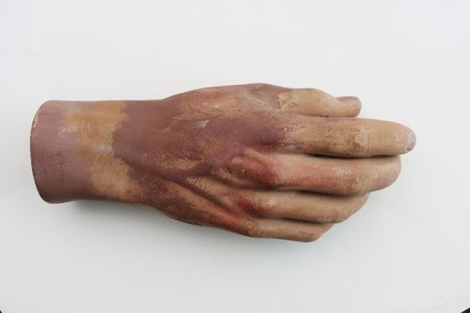 Hand of plastic mannequin on white background.