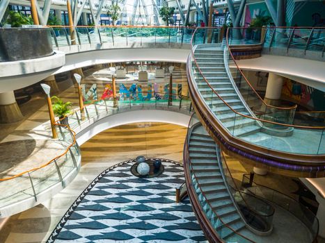 Dubai, UAE - 09.26.2022 - Staircase in the lobby of the Burjman shopping mall.