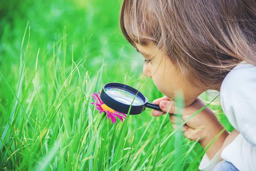 The child is looking in a magnifying glass. Increase. selective focus.