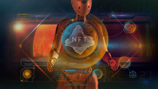 An alien robot on board its ship orbiting Mars analyzes NFT infographic data. 3D render.