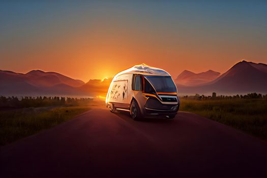 Travel van driving on sunset background. Camping car on the road. Cartoon style travel concept, neural network generated art. Digitally generated image. Not based on any actual scene or pattern.