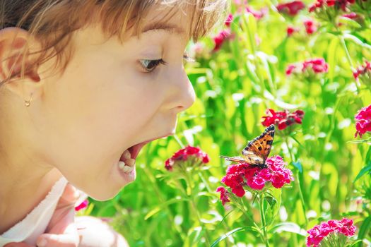 Child with a butterfly. Idea leuconoe. Selective focus.