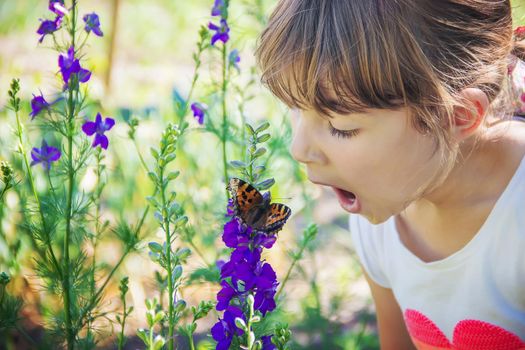 Child with a butterfly. Idea leuconoe. Selective focus.