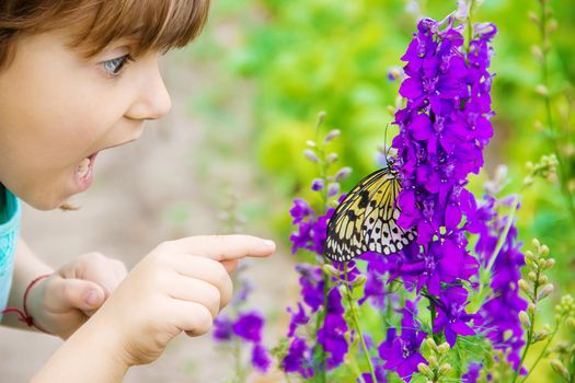 Child with a butterfly. Idea leuconoe. Selective focus.