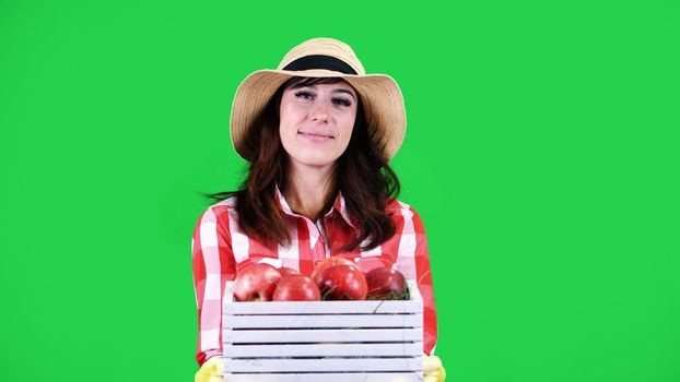portrait of smiling female farmer in checkered shirt and hat, holding a wooden box with red ripe organic apples, on green background in studio. Healthy food to your table. High quality photo