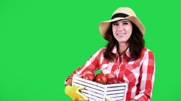 portrait of smiling female farmer in checkered shirt and hat, holding a wooden box with red ripe organic apples, on green background in studio. Healthy food to your table. High quality photo