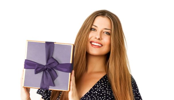 Birthday, Christmas or holiday present, happy woman holding a purple gift or luxury beauty box subscription delivery isolated on white background, portrait