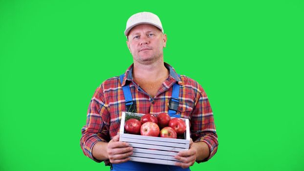 portrait of handsome male farmer holding a wooden box with red ripe organic apples, smiling. on green background in studio. Healthy food to your table. High quality photo