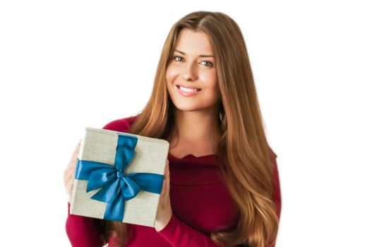 Christmas holiday present, happy woman holding a gift or luxury beauty box subscription delivery isolated on white background, portrait