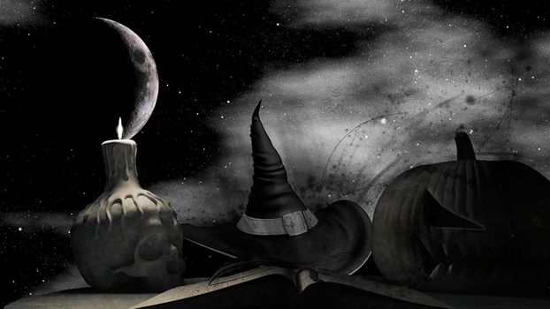 Open storybook with the black magic story coming alive - 3d rendering