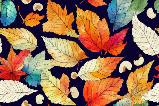 Watercolor seamless pattern in autumn style, colorful bright leaves, blue berries, pumpkin and mushroom on a white background.