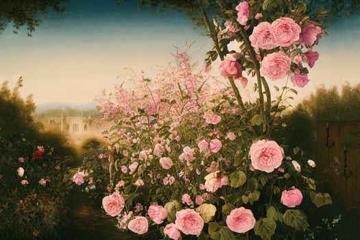 Hollyhock and gate of roses the enchanted garden High quality 2d illustration