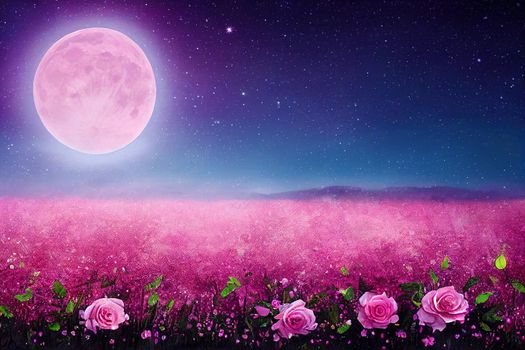 Magical fantasy enchanted fairy tale landscape with fabulous fairytale blooming pink rose flower garden and flying butterflies, on blurred mysterious blue background and shiny glowing moon ray in night.