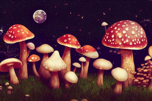 The night wallpaper features the mushroom, moon, stars, snails, butterflies and plants. Mushrooms come in different sizes. Night mushroom art. Hight quality illustration. 3d rendering illustration.