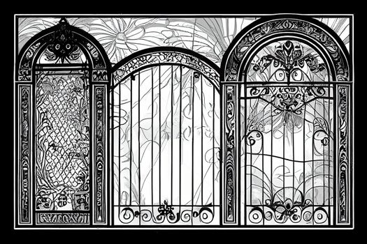 Vintage forged gate with floral ornament. Isolated object. Hand drawn 2d illustration