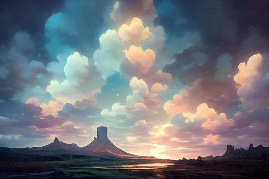 dreamy anime style summer wilderness landscape with mesa mountains, neural network generated art. Digitally generated image. Not based on any actual scene or pattern.