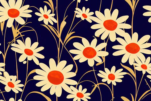 Abstract Hand Drawing Retro Large Daisy Flowers Seamless 2d Pattern Isolated Background