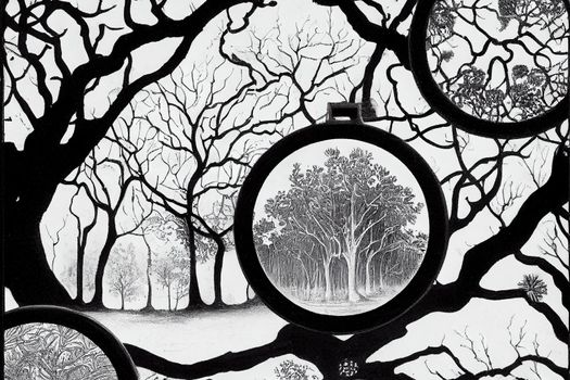 black and white drawing, round frame with a magic, fairy forest. ornament trees and herbs. background for books, postcards.