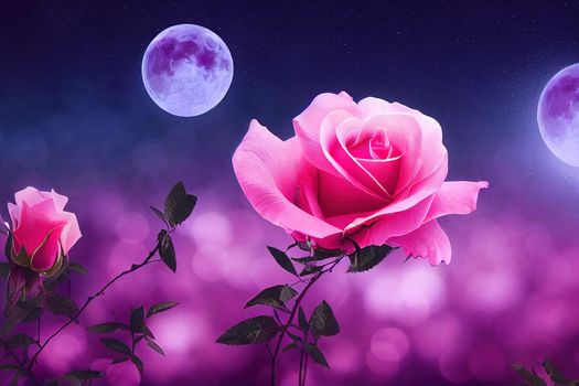 Blooming pink rose flowers in fabulous night mystical garden on mysterious fairy tale spring or summer floral background with moon light and rays, fantasy amazing nature dreamy landscape