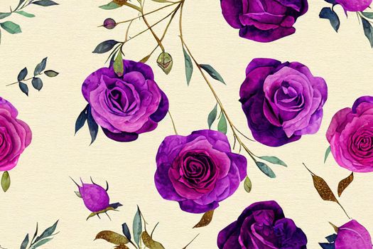 Beautiful, watercolor floral seamless pattern. Violet and cream peoinies, pink roses greenery branch and leaves on pink background with golden glitter