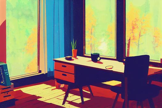 Calm lofi messy desk. Empty interior anime, manga style. Colorful study lo fi desk. Cozy chill vibe. Autumn, fall with orange colored trees. Rainy days.