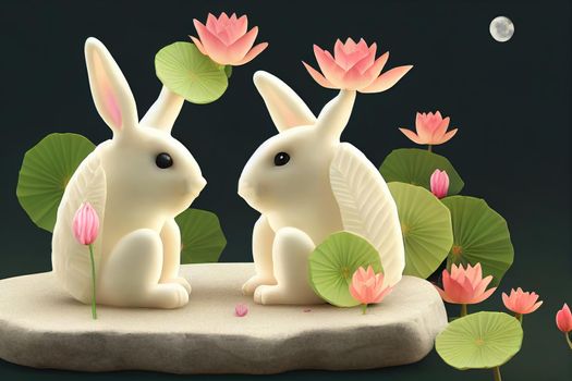 Creative Mooncake Festival card. 3D Illustration of back view of two rabbit sitting on a stone on lotus pond watching full moon. Translation Mid Autumn. August 15th.