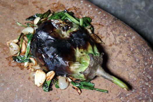 fresh and healthy fry brinjal with spice on kitchen