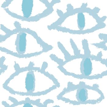 Seamless hand drawn pattern with blue evil third eye, traditional ethnic evil protection background. Pastel open eye eyelashes, boho bohemian trendy fabric print