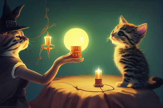 Painting of Kitten Witch and lantern. Hight quality images. 3d rendering illustration.