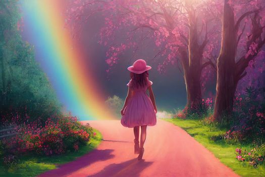 Young lady woman in romantic pink dress, retro hat, bag walking along rose garden path leading to fabulous rainbow unicorn house, flecks of sunlight on road. Tranquil fantasy scene, fairytale hills.