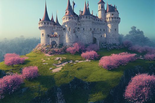 Enchanting old fairytale castle on a top of a hill, in an idyllic landscape, 3d render.