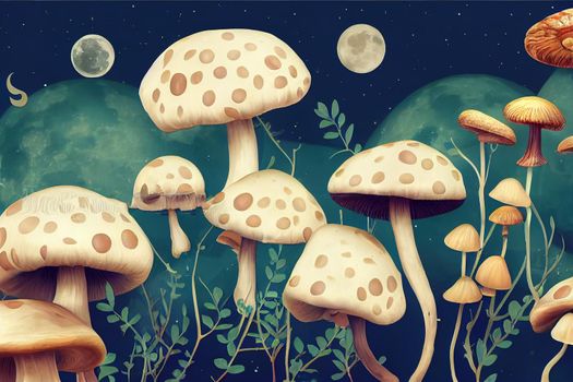 The night wallpaper features the mushroom, moon, stars, snails, butterflies and plants. Night mushroom art. Hight quality illustration. 3d rendering illustration.