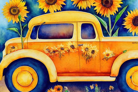 Watercolor sunflower truck,Autumn floral harvest truck,Thanksgiving arrangement,Pick up car,Vintage car with sunflower, fall blue truck.