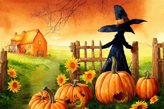 Watercolor farmhouse scarecrow illustration, Autumn harvest scene with cute scarecrow, pumpkin, sunflowers, fence, raven,pumpkin patch. Thanksgiving fall background, country graphics.