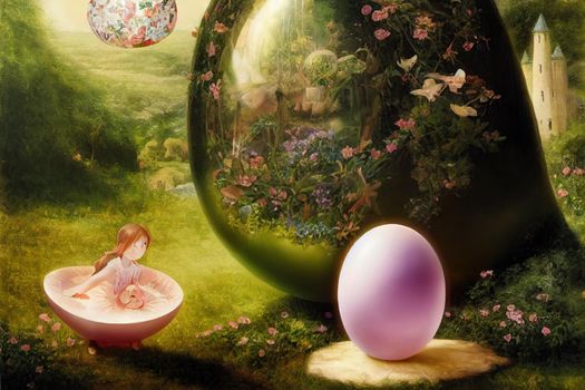 Fairy tale.Young girl in mystery garden hold big egg and dreamily looking up
