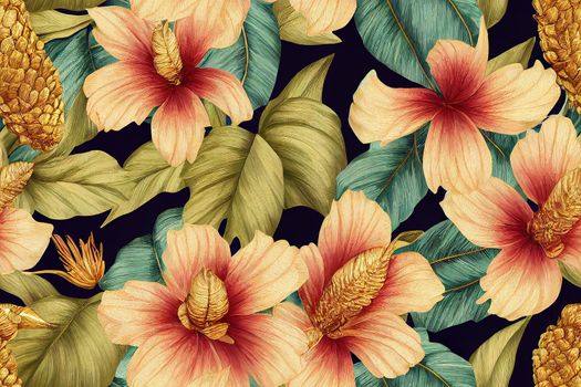 Gold hibiscus flowers bouquets, protea flowers, banana leaves, palm, hummingbirds. Tropical exotic vintage seamless pattern. Hand drawn 3D illustration. Good for luxury wallpapers, cloth, fabric print