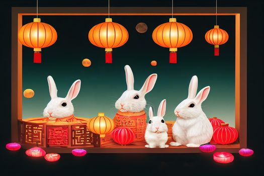 3D Illustration of cute rabbits on big mooncake stage watching full moon through Chinese window frame with pomelo, lotus and lanterns aside. Translation August fifteenth. Mid Autumn Festival