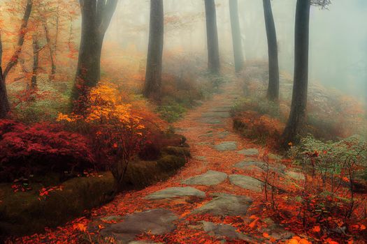 The fog settled in on Craggy Garden Trail on an autumn day. All the colors combined with the misty evening gives this scene an eery yet magical feel.